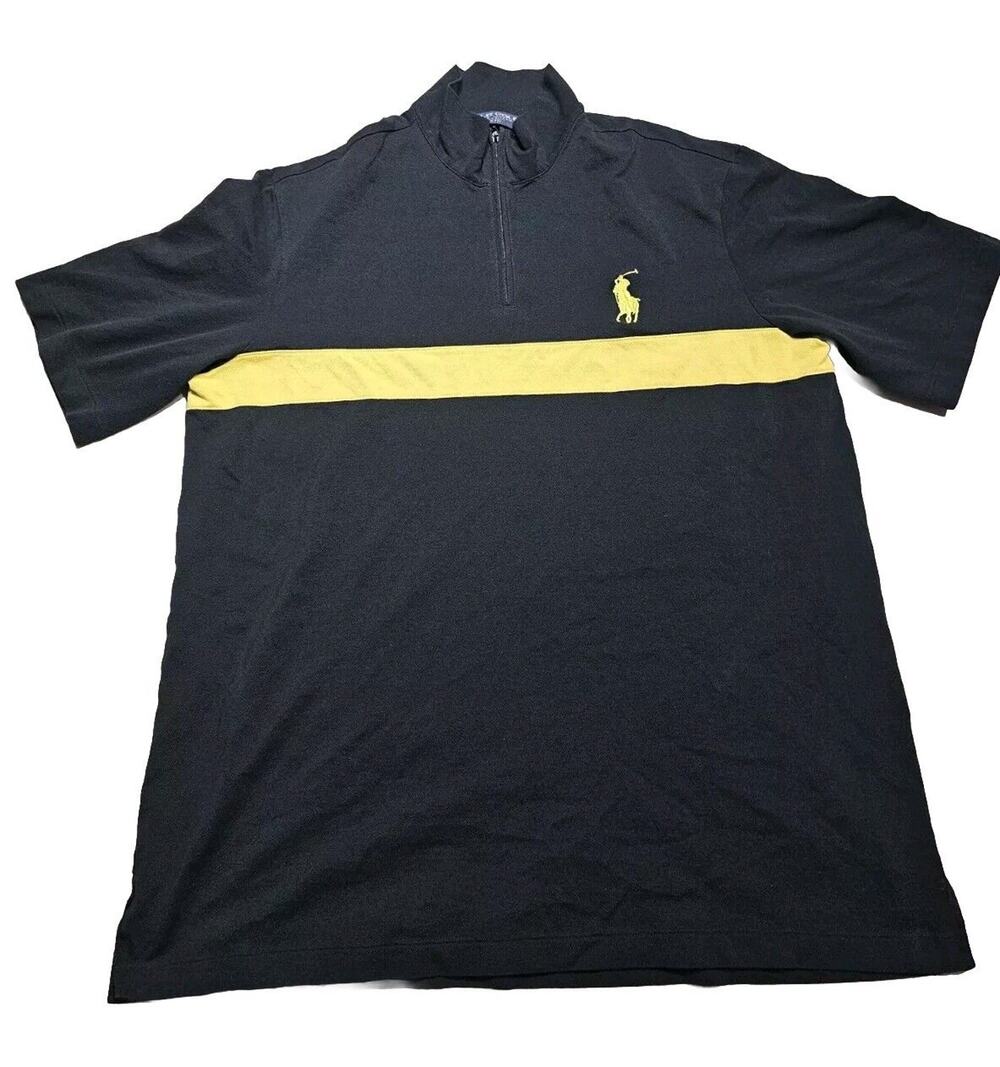 POLO GOLF RALPH LAUREN Vintage Black Polo Shirt With Yellow Stripe 100% Cotton L